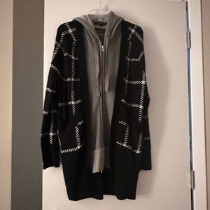 Central Park West cardigan sweater with attached cotton hoodie.